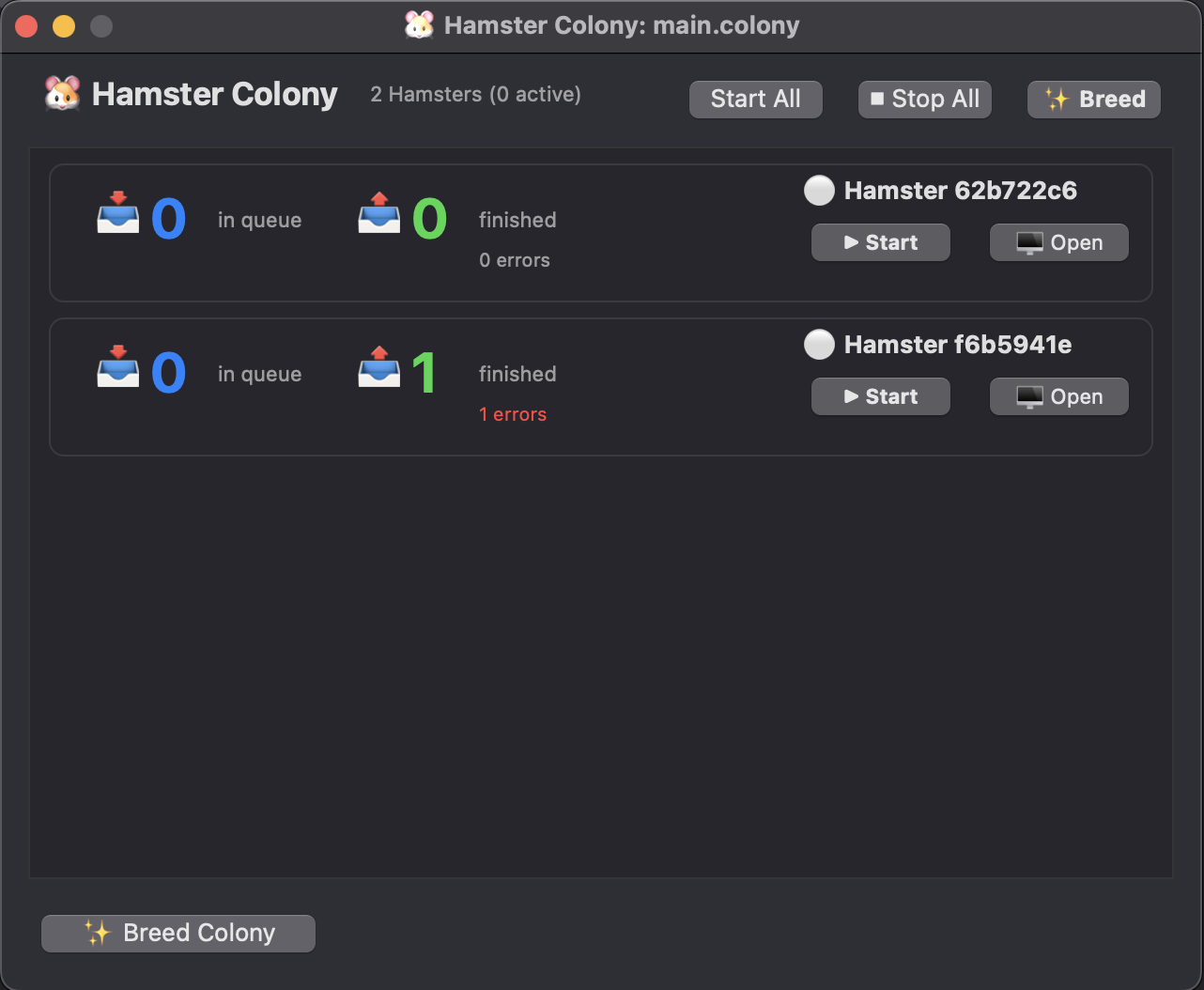 Hamster Colony dashboard showing two hamsters and their queue, finished item, and error counts
