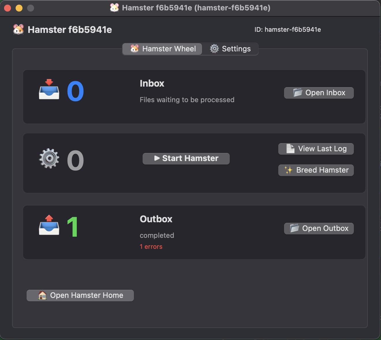 Hamster detail screen showing inbox, worker controls, outbox, and error count